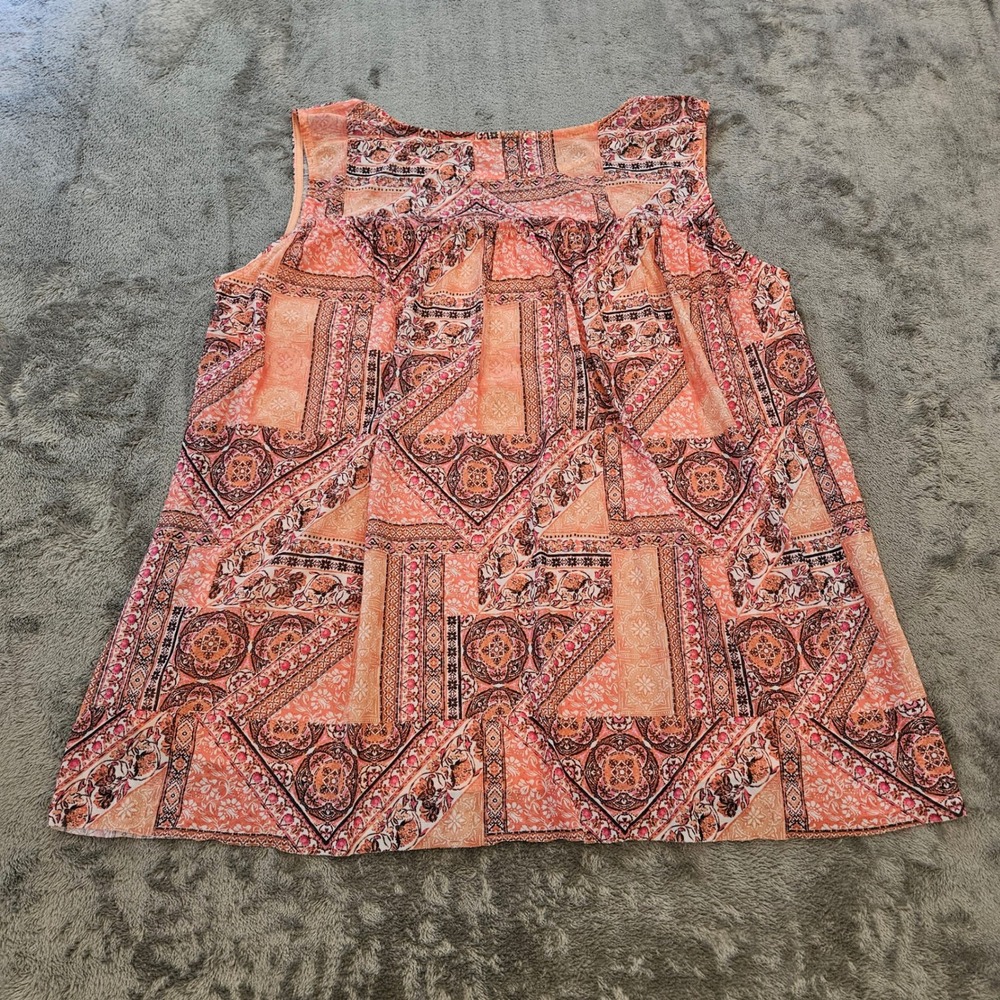 Boho Patchwork Paisley Sleeveless Tank Top Orange Pink Mesh Knit Scoop Neck XL - Picture 4 of 4